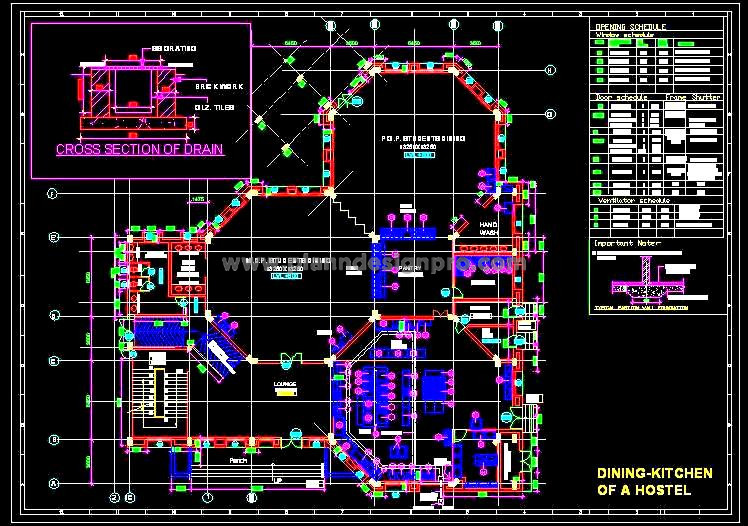 Hostel Mess CAD Design- Kitchen, Dining, and Utility Areas